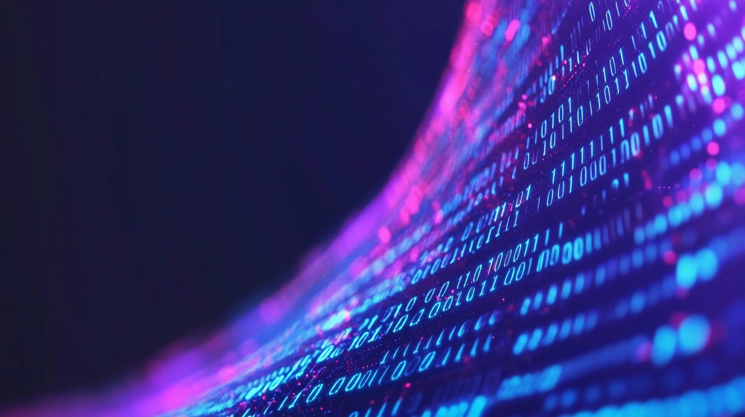 abstract digital binary code background with a blue and purple glow, a computer screen and data technology concept